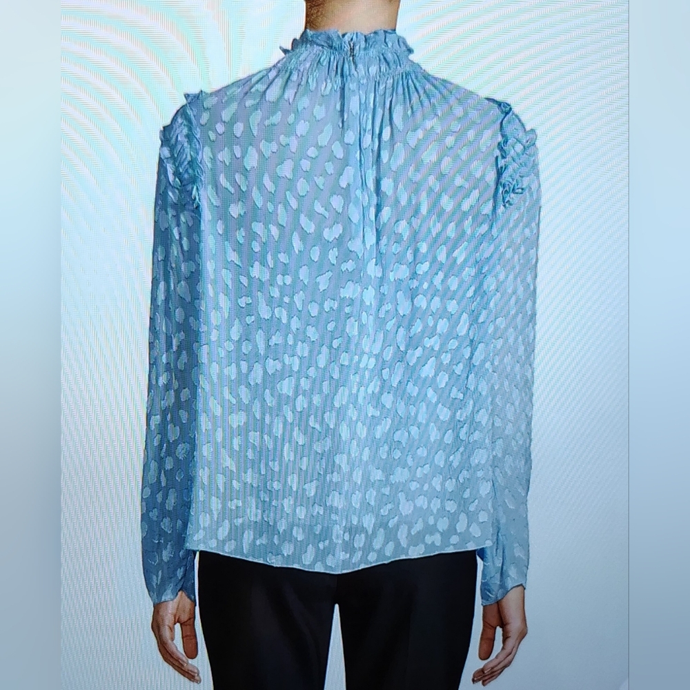 Rebecca Taylor Robin's Egg Blue Femme Shirred Ruffle Top Sz 14 - Picture 3 of 8